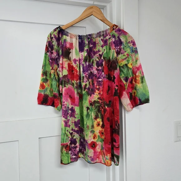 Blumarine Italy Silk Knit Half Sleeve Vibrant Rose Floral Peasant Blouse - Picture 5 of 12